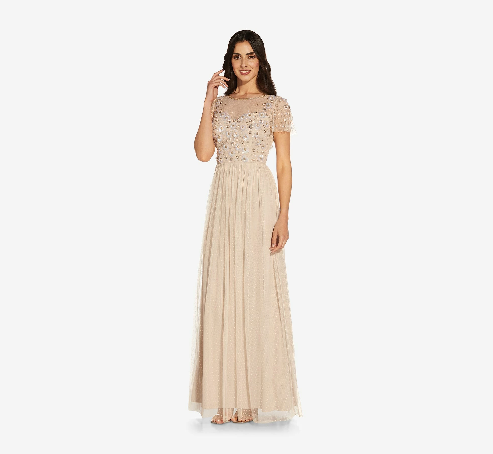 Adrianna Papell Floral 3D Hand-Beaded And Lace Illusion Long Gown In Biscotti 3 Adrianna Papell Floral 3D Hand-Beaded And Lace Illusion Long Gown In Biscotti - Image 3