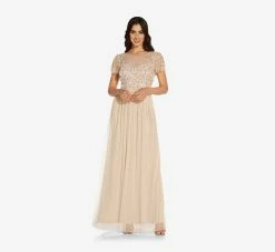 Adrianna Papell Floral 3D Hand-Beaded And Lace Illusion Long Gown In Biscotti