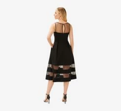 Adrianna Papell Crepe And Mesh Illusion Midi-Length Fit-And-Flare Cocktail Dress In Black -Adrianna Papell Shop AP1E209789 AA002 Regular Back 2