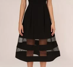 Adrianna Papell Crepe And Mesh Illusion Midi-Length Fit-And-Flare Cocktail Dress In Black -Adrianna Papell Shop AP1E209789 AA002 Regular Lifestyle