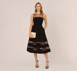 Adrianna Papell Crepe And Mesh Illusion Midi-Length Fit-And-Flare Cocktail Dress In Black