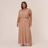 Adrianna Papell Plus Size Fleur Beaded Blouson Gown With Sheer Short Sleeves In Rose Gold