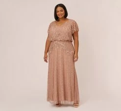 Adrianna Papell Plus Size Fleur Beaded Blouson Gown With Sheer Short Sleeves In Rose Gold