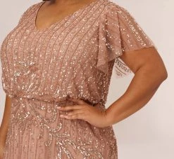 Adrianna Papell Plus Size Fleur Beaded Blouson Gown With Sheer Short Sleeves In Rose Gold -Adrianna Papell Shop AP1E209812 AA958 Plus Detail