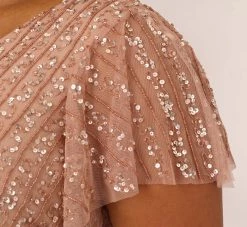 Adrianna Papell Plus Size Fleur Beaded Blouson Gown With Sheer Short Sleeves In Rose Gold -Adrianna Papell Shop AP1E209812 AA958 Plus Lifestyle