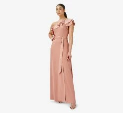 Adrianna Papell Satin Crepe One-Shoulder Ruffled Long Gown In Toffee -Adrianna Papell Shop AP1E209831 AE240 Regular Alternate