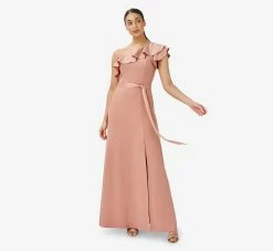 Adrianna Papell Satin Crepe One-Shoulder Ruffled Long Gown In Toffee -Adrianna Papell Shop AP1E209831 AE240 Regular Side
