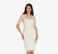 Adrianna Papell Handed-Beaded Illusion Midi-Length Sheath Cocktail Dress In Ivory