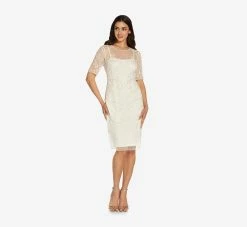 Adrianna Papell Handed-Beaded Illusion Midi-Length Sheath Cocktail Dress In Ivory 8 Adrianna Papell Handed-Beaded Illusion Midi-Length Sheath Cocktail Dress In Ivory -Adrianna Papell Shop AP1E209848 AA194 Regular Side