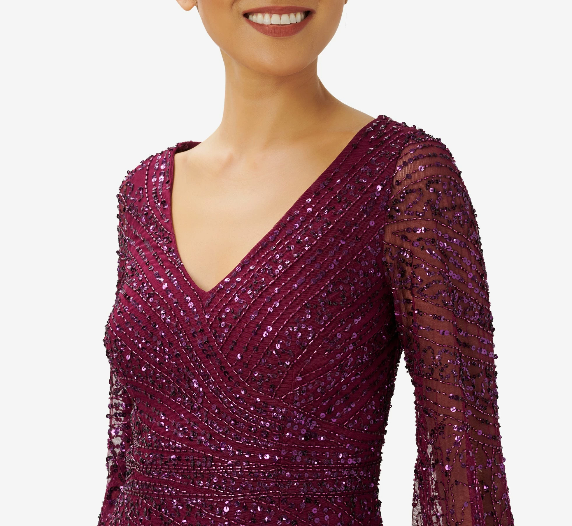 Adrianna Papell Hand-Beaded Illusion Long Gown In Bordeaux 3 Adrianna Papell Hand-Beaded Illusion Long Gown In Bordeaux - Image 3