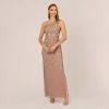 Adrianna Papell 3D Floral Hand-Beaded One-Shoulder Long Column Gown In Stone
