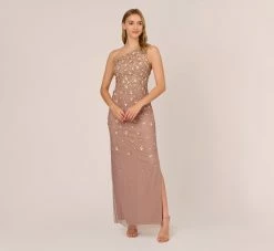 Adrianna Papell 3D Floral Hand-Beaded One-Shoulder Long Column Gown In Stone