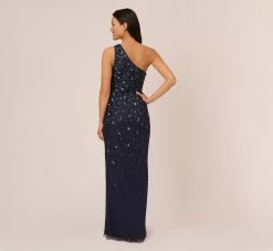 Adrianna Papell 3D Floral Hand-Beaded One-Shoulder Long Column Gown In Dusty Navy -Adrianna Papell Shop AP1E209866 AK469 Regular Back