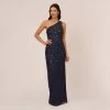 Adrianna Papell 3D Floral Hand-Beaded One-Shoulder Long Column Gown In Dusty Navy