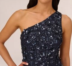 Adrianna Papell 3D Floral Hand-Beaded One-Shoulder Long Column Gown In Dusty Navy -Adrianna Papell Shop AP1E209866 AK469 Regular Lifestyle