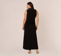 Adrianna Papell Plus Size Matte Jersey Twist Front Tuxedo Long Gown In Black -Adrianna Papell Shop AP1E209882 AA002 Plus Back