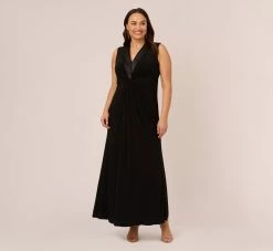 Adrianna Papell Plus Size Matte Jersey Twist Front Tuxedo Long Gown In Black