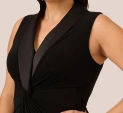 Adrianna Papell Plus Size Matte Jersey Twist Front Tuxedo Long Gown In Black -Adrianna Papell Shop AP1E209882 AA002 Plus Lifestyle
