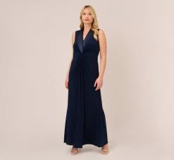 Adrianna Papell Plus Size Matte Jersey Twist Front Tuxedo Long Gown In Midnight