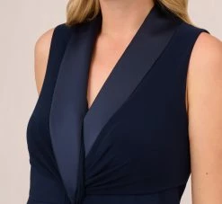 Adrianna Papell Plus Size Matte Jersey Twist Front Tuxedo Long Gown In Midnight -Adrianna Papell Shop AP1E209882 AB411 Plus Lifestyle