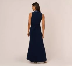 Adrianna Papell Matte Jersey Twist Front Tuxedo Long Gown In Midnight -Adrianna Papell Shop AP1E209882 AB411 Regular Back