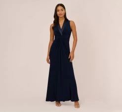 Adrianna Papell Matte Jersey Twist Front Tuxedo Long Gown In Midnight
