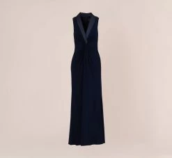 Adrianna Papell Matte Jersey Twist Front Tuxedo Long Gown In Midnight -Adrianna Papell Shop AP1E209882 AB411 Regular Flat