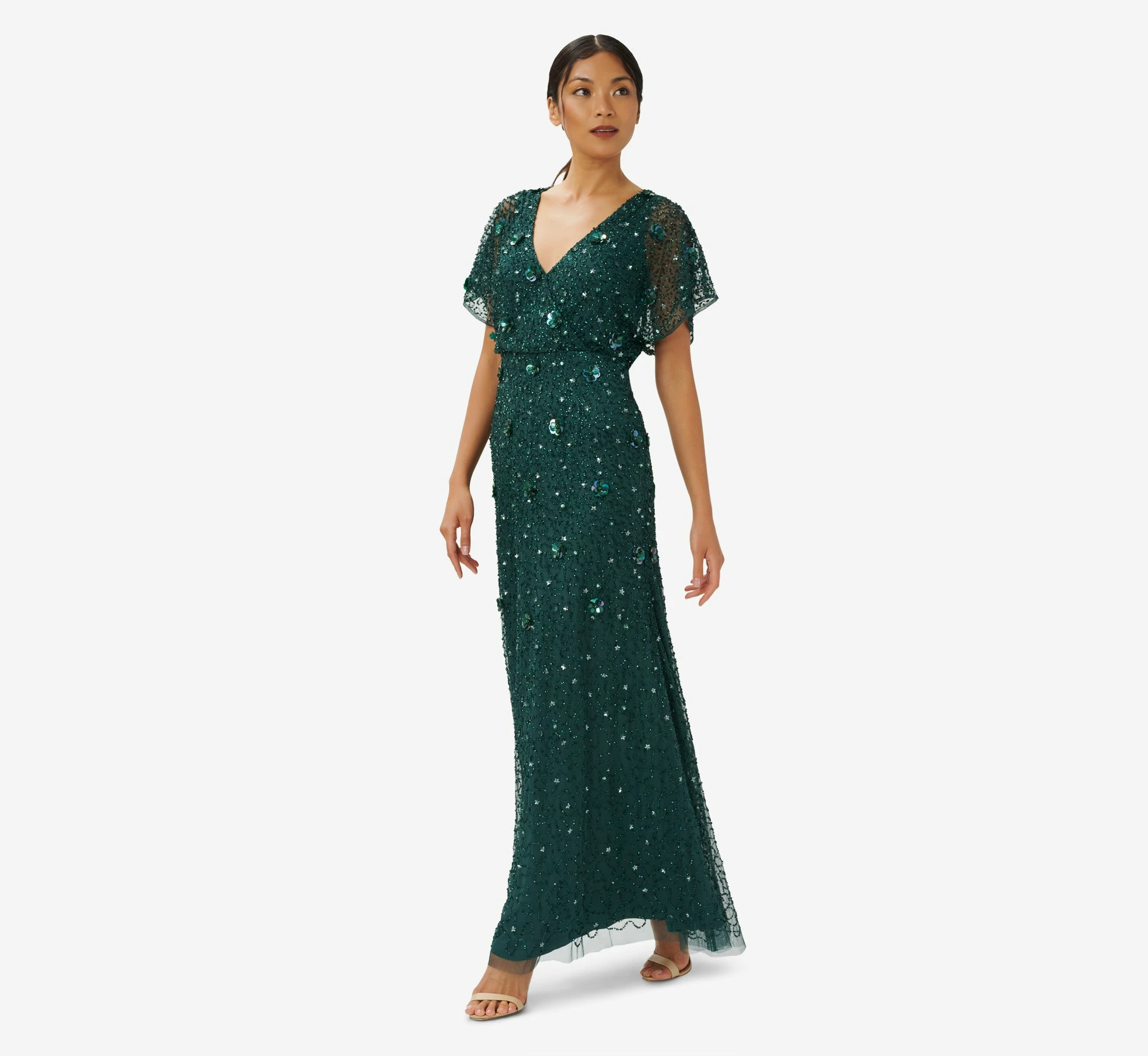 Adrianna Papell Hand-Beaded 3D Floral Blouson Long Gown In Dusty Emerald 3 Adrianna Papell Hand-Beaded 3D Floral Blouson Long Gown In Dusty Emerald - Image 3