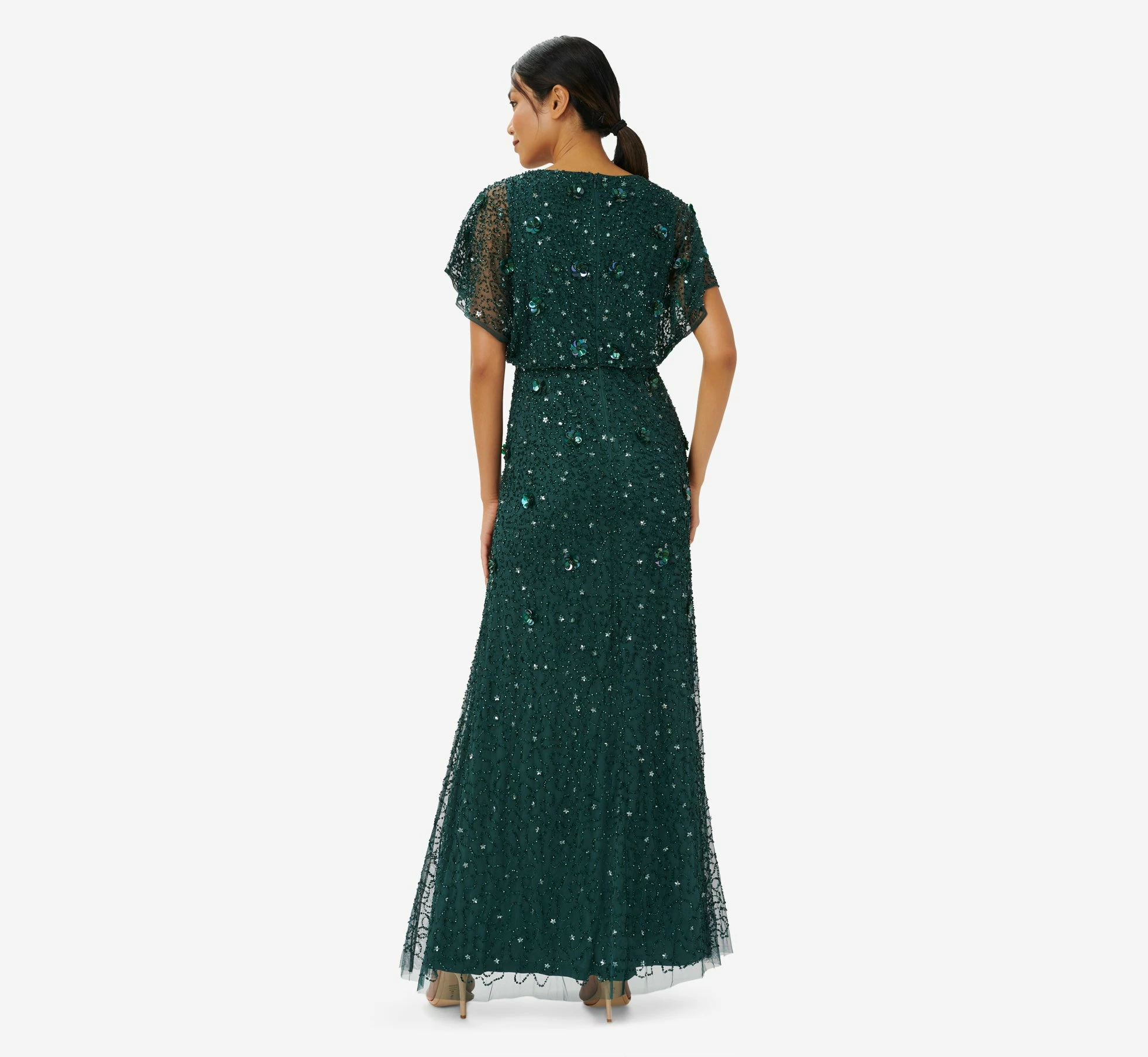 Adrianna Papell Hand-Beaded 3D Floral Blouson Long Gown In Dusty Emerald 2 Adrianna Papell Hand-Beaded 3D Floral Blouson Long Gown In Dusty Emerald - Image 2