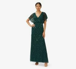 Adrianna Papell Hand-Beaded 3D Floral Blouson Long Gown In Dusty Emerald