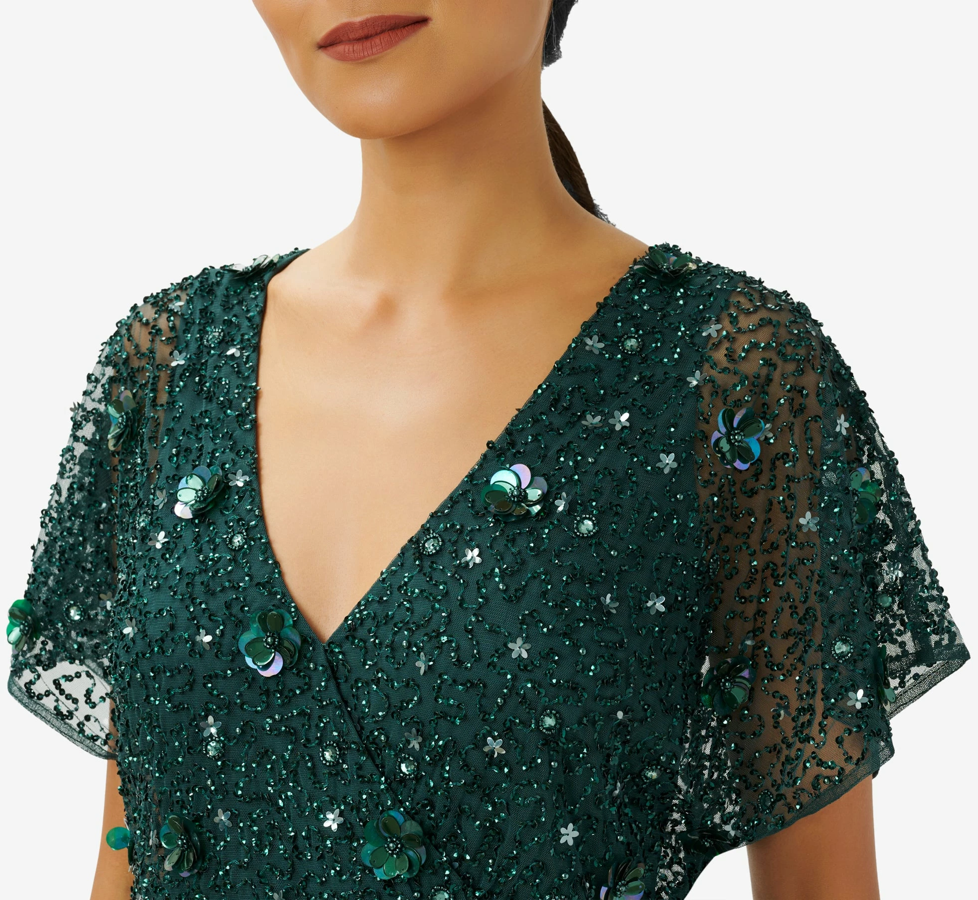 Adrianna Papell Hand-Beaded 3D Floral Blouson Long Gown In Dusty Emerald 4 Adrianna Papell Hand-Beaded 3D Floral Blouson Long Gown In Dusty Emerald - Image 4