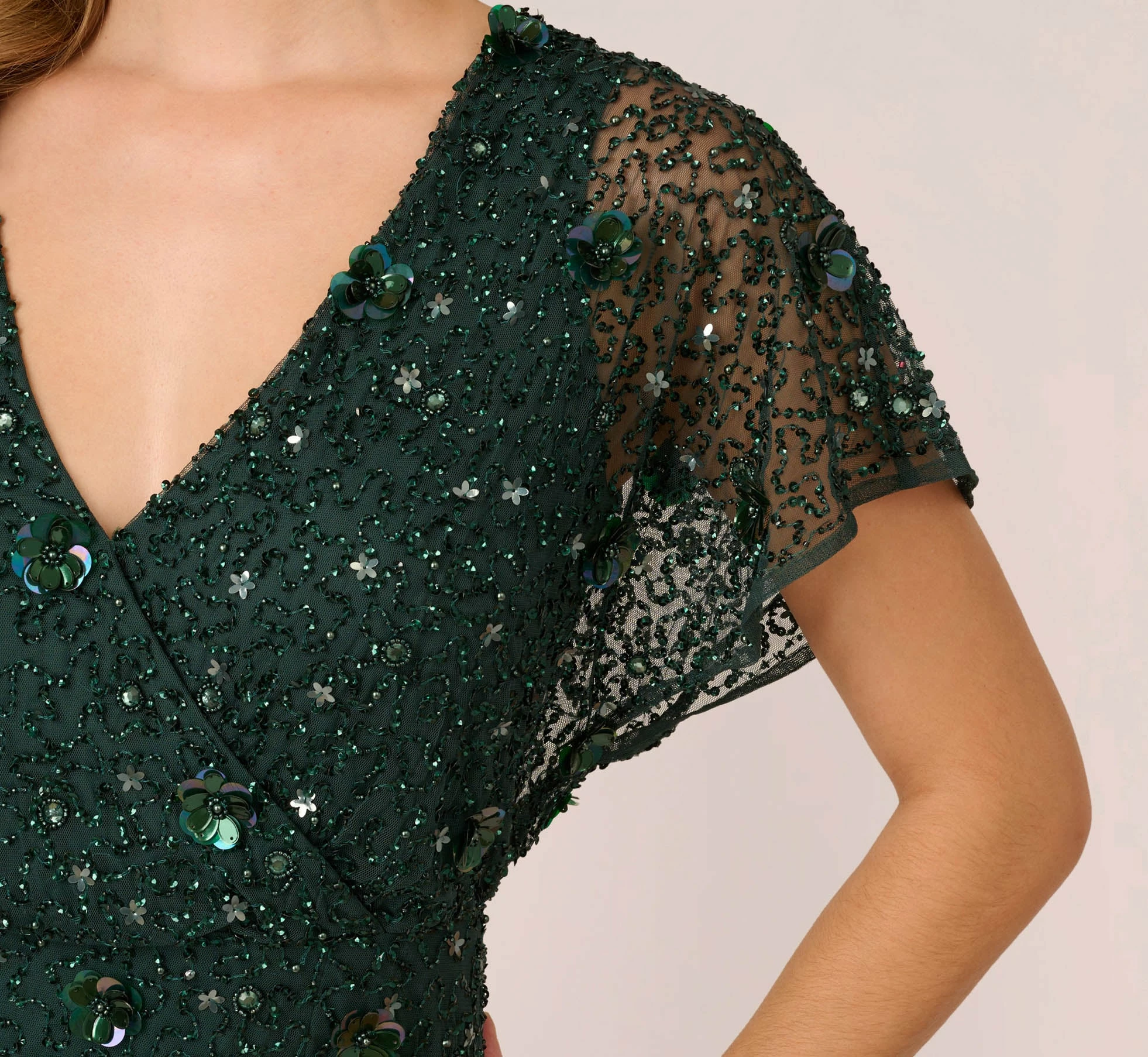 Adrianna Papell Hand-Beaded 3D Floral Blouson Long Gown In Dusty Emerald 7 Adrianna Papell Hand-Beaded 3D Floral Blouson Long Gown In Dusty Emerald - Image 7