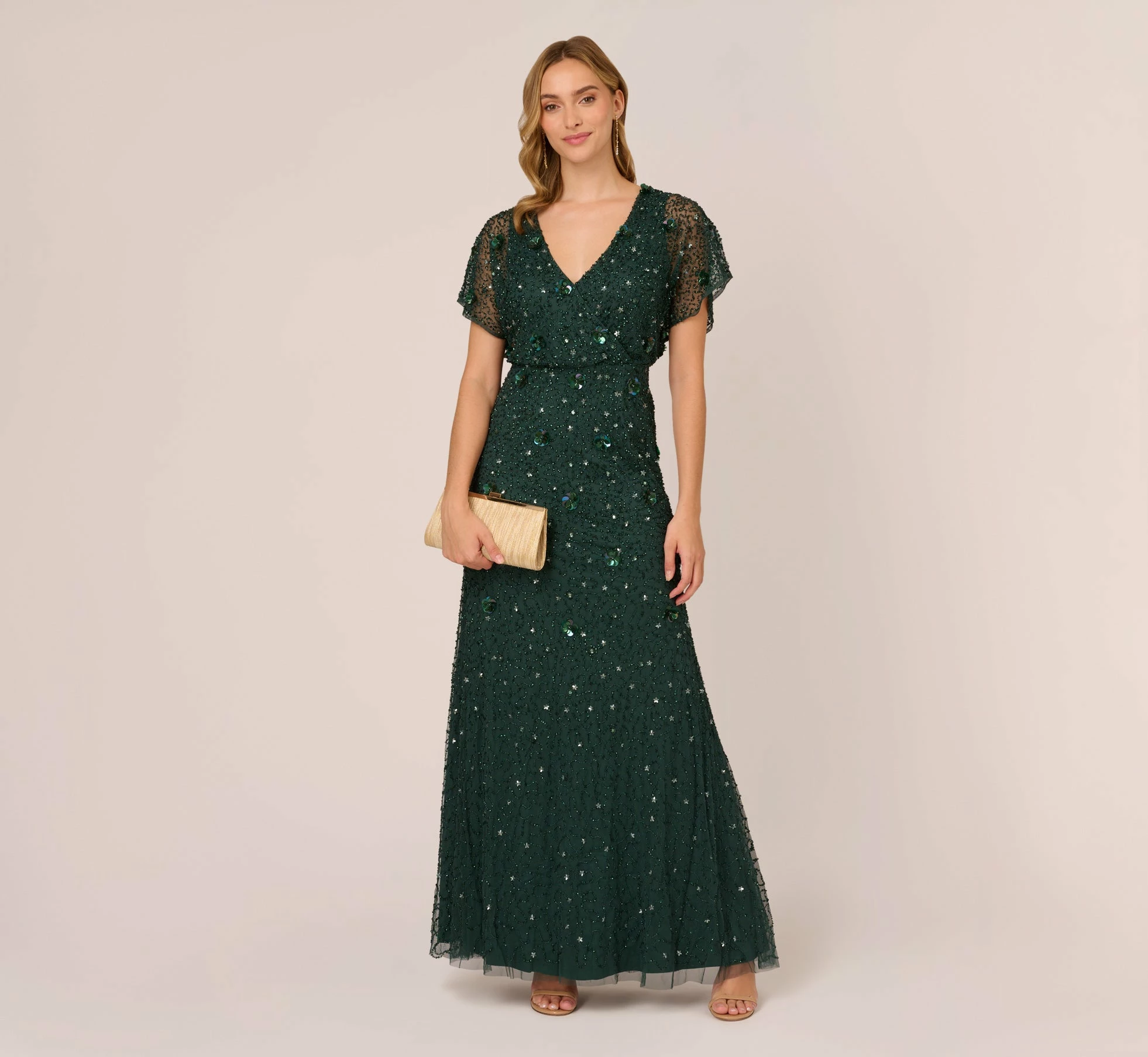 Adrianna Papell Hand-Beaded 3D Floral Blouson Long Gown In Dusty Emerald 6 Adrianna Papell Hand-Beaded 3D Floral Blouson Long Gown In Dusty Emerald - Image 6