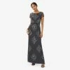 Adrianna Papell Hand-Beaded Long Blouson Gown In Gunmetal