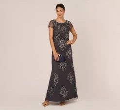 Adrianna Papell Hand-Beaded Long Blouson Gown In Gunmetal -Adrianna Papell Shop AP1E209937 AB015 Regular Side