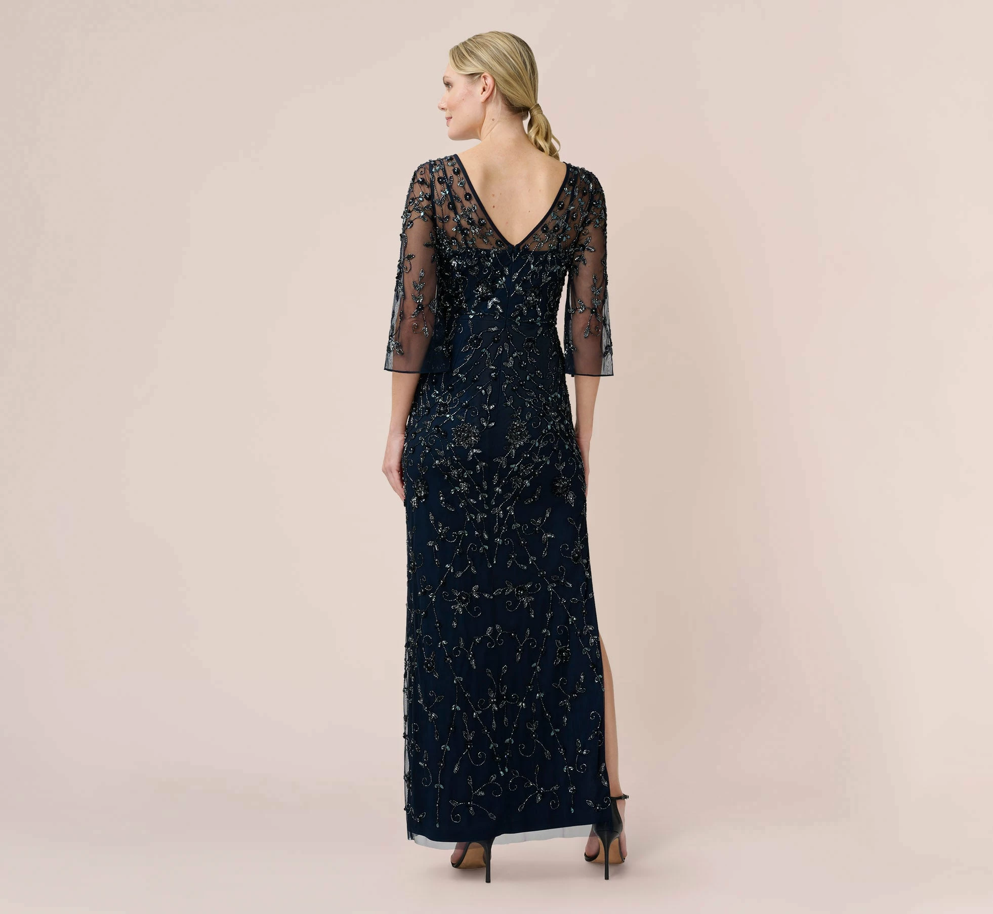 Adrianna Papell Hand-Beaded Illusion Long Column Gown In Midnight 2 Adrianna Papell Hand-Beaded Illusion Long Column Gown In Midnight - Image 2