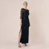 Adrianna Papell Hand-Beaded Illusion Long Column Gown In Midnight