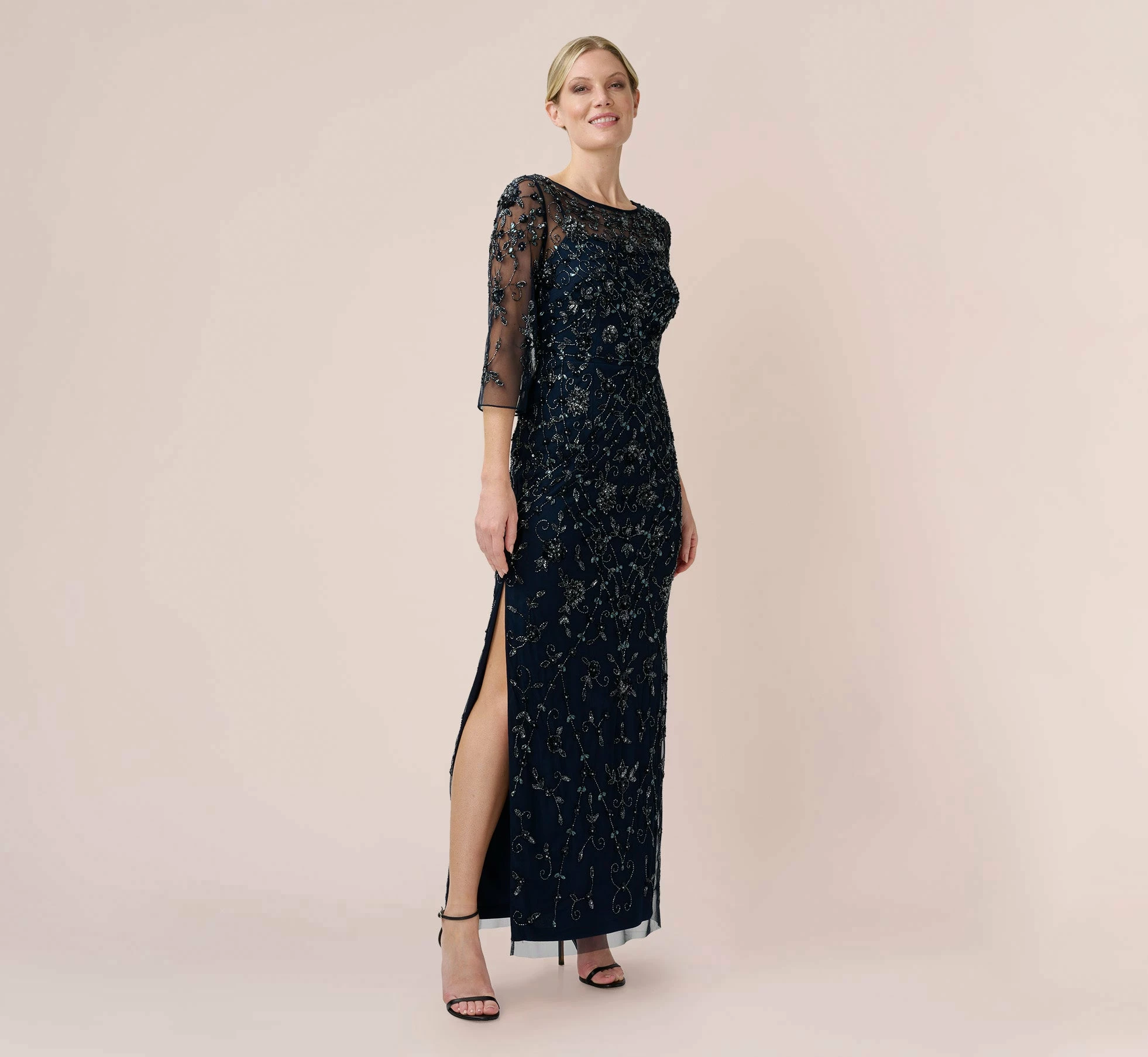 Adrianna Papell Hand-Beaded Illusion Long Column Gown In Midnight 1 Adrianna Papell Hand-Beaded Illusion Long Column Gown In Midnight
