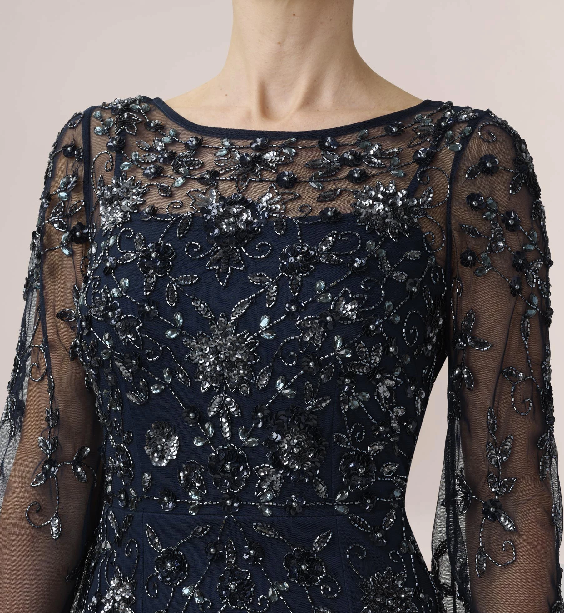 Adrianna Papell Hand-Beaded Illusion Long Column Gown In Midnight 3 Adrianna Papell Hand-Beaded Illusion Long Column Gown In Midnight - Image 3