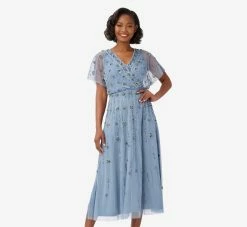 Adrianna Papell Floral Hand-Beaded Ankle-Length Blouson Dress In Vintage Blue