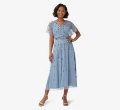 Adrianna Papell Floral Hand-Beaded Ankle-Length Blouson Dress In Vintage Blue -Adrianna Papell Shop AP1E209963 AC466 Regular Side