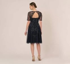 Adrianna Papell Beaded Midi Dress With Sheer Short Sleeves In Midnight -Adrianna Papell Shop AP1E209973 AG410 Regular Back