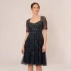 Adrianna Papell Beaded Midi Dress With Sheer Short Sleeves In Midnight