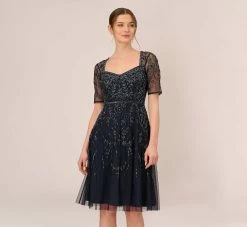 Adrianna Papell Beaded Midi Dress With Sheer Short Sleeves In Midnight