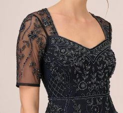 Adrianna Papell Beaded Midi Dress With Sheer Short Sleeves In Midnight -Adrianna Papell Shop AP1E209973 AG410 Regular Detail
