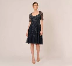 Adrianna Papell Beaded Midi Dress With Sheer Short Sleeves In Midnight -Adrianna Papell Shop AP1E209973 AG410 Regular Front