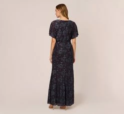 Adrianna Papell Floral Burnout Velvet Long Blouson Gown In Midnight -Adrianna Papell Shop AP1E209986 AB411 Regular Back
