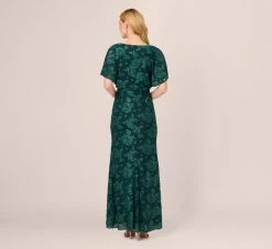 Adrianna Papell Floral Burnout Velvet Long Blouson Gown In Hunter -Adrianna Papell Shop AP1E209986 AE303 Regular Back
