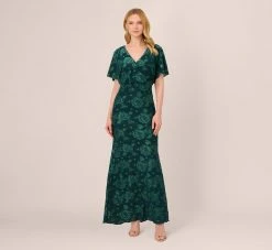 Adrianna Papell Floral Burnout Velvet Long Blouson Gown In Hunter
