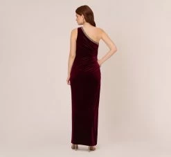 Adrianna Papell Velvet One Shoulder Gown With Beaded Neckline In Burgundy 9 Adrianna Papell Velvet One Shoulder Gown With Beaded Neckline In Burgundy -Adrianna Papell Shop AP1E209998 AC506 Regular Back